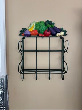 Kitchen Wall Hook Shelf with Colorful Vegetable Accent, Green Metal, Collapsible